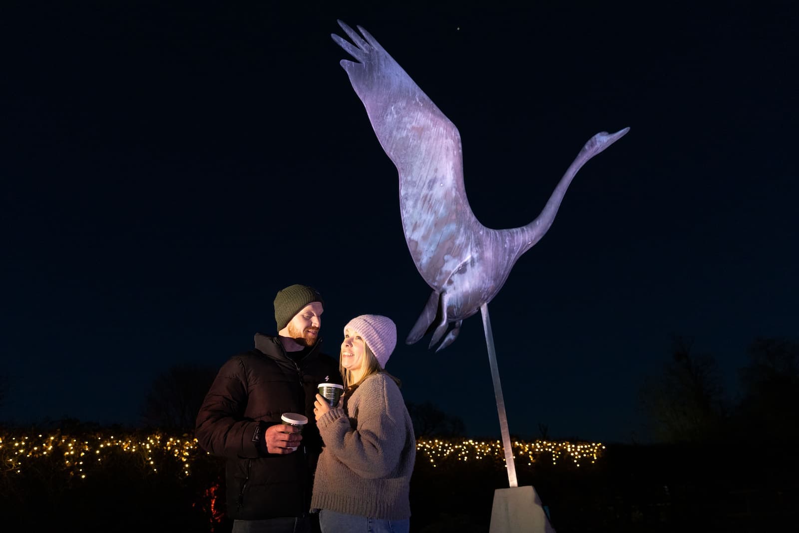 Couple in warm clothing holding drinks beneath a large illuminated swan sculpture at night, with festive lights in the background.