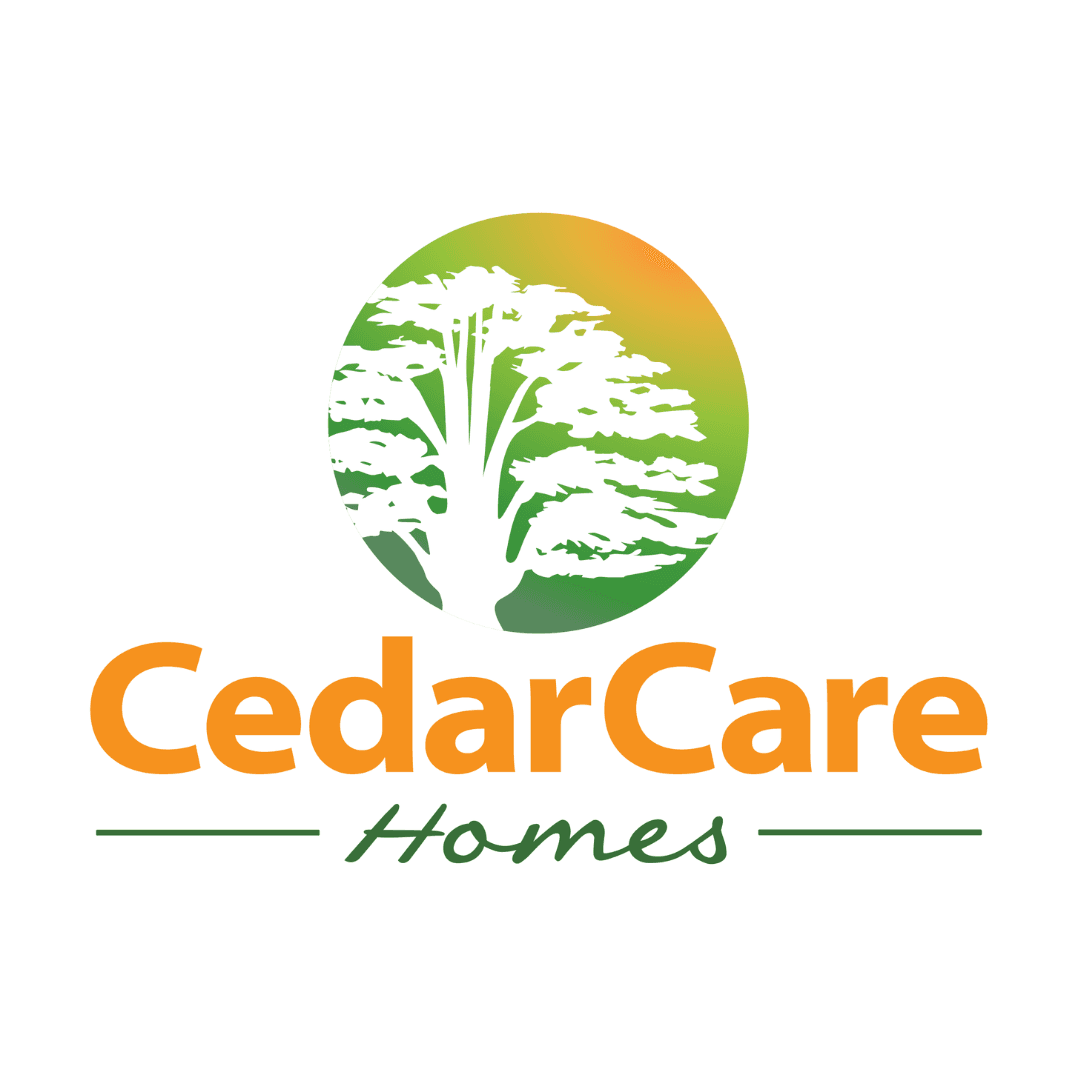 Logo of CedarCare Homes featuring a white tree silhouette within a green and orange circle, with "CedarCare Homes" text below.