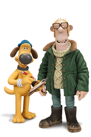 A claymation-style man in glasses and green coat stands next to a dog holding a clipboard and pencil, both smiling.
