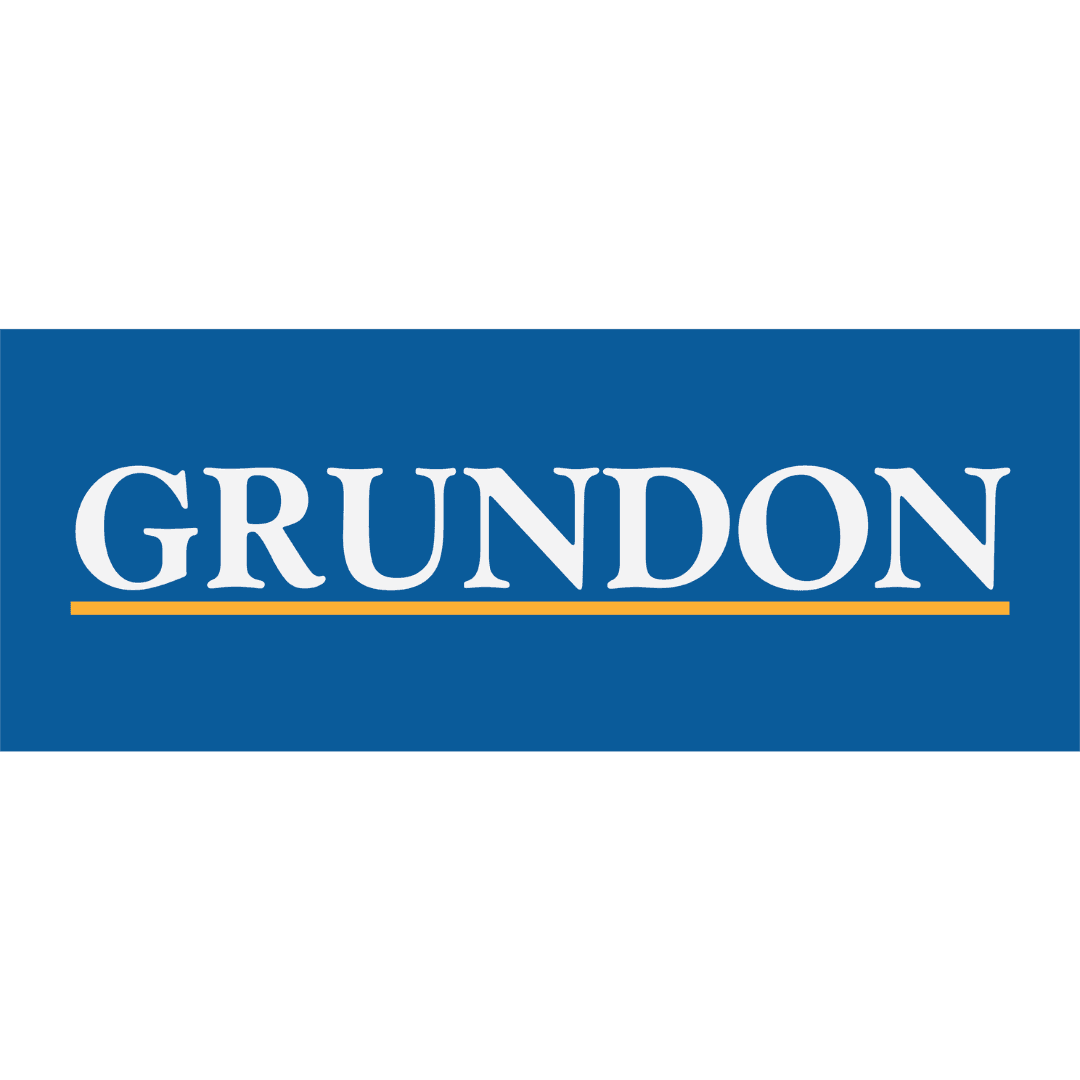 Blue logo with the word "GRUNDON" in bold white letters, underlined with a yellow line.