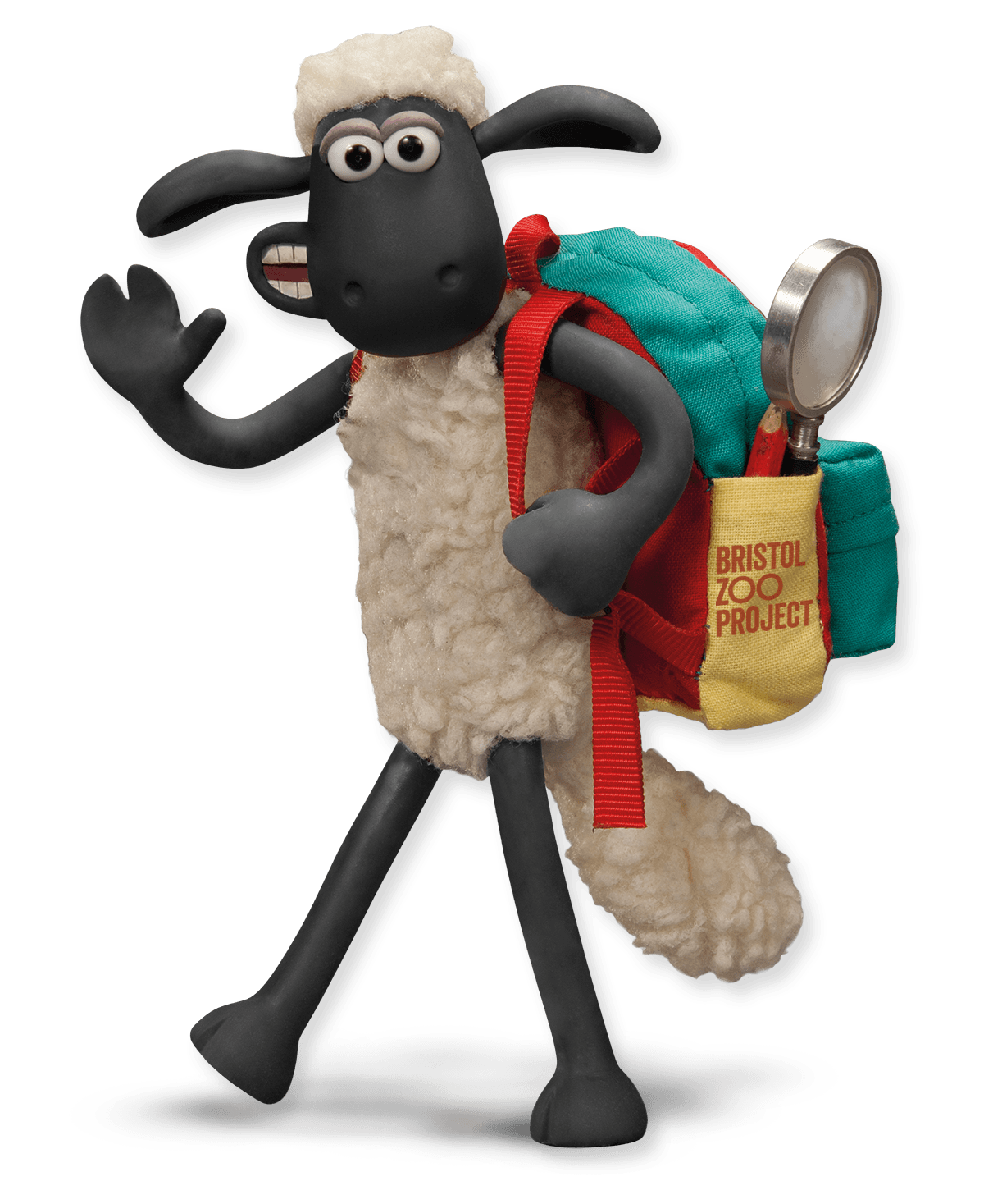 A smiling cartoon sheep with big eyes carries a colorful backpack labeled "Bristol Zoo Project," with a magnifying glass tucked inside.