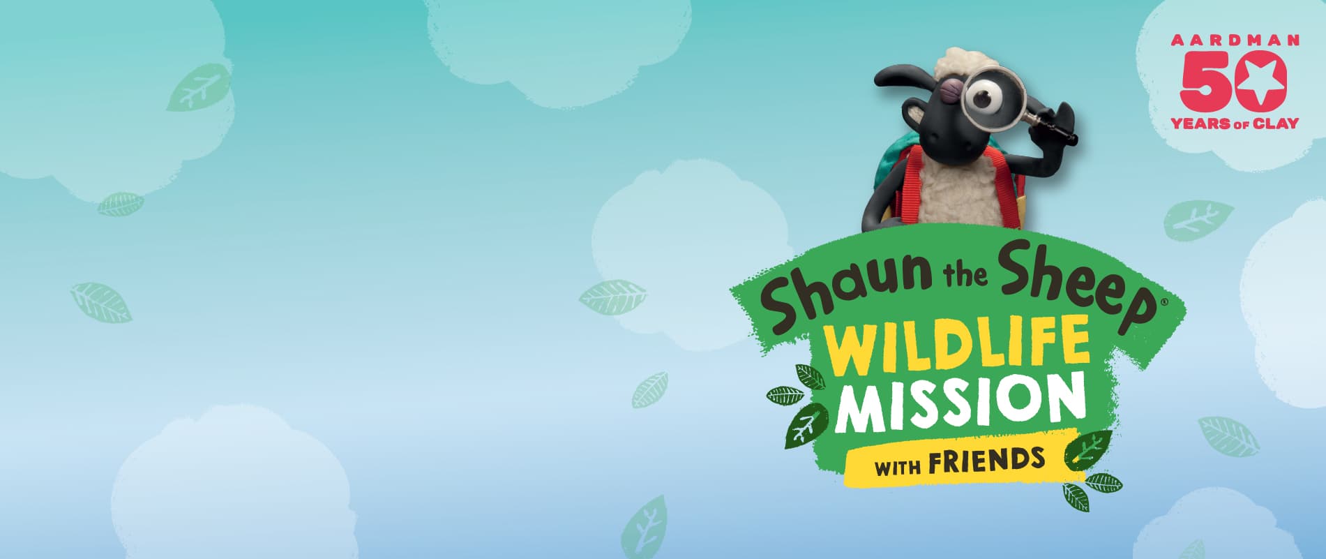 Shaun the Sheep stands beside a "Wildlife Mission with Friends" sign. Aardman 50 Years of Clay logo is in the top right corner. Sky background.