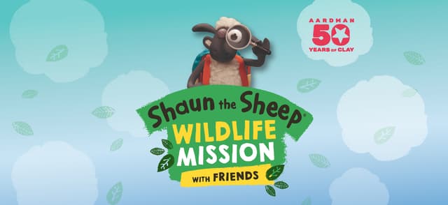 Shaun the Sheep in binoculars, with "Wildlife Mission with Friends" text. Aardman 50th anniversary logo. Blue cloudy background.