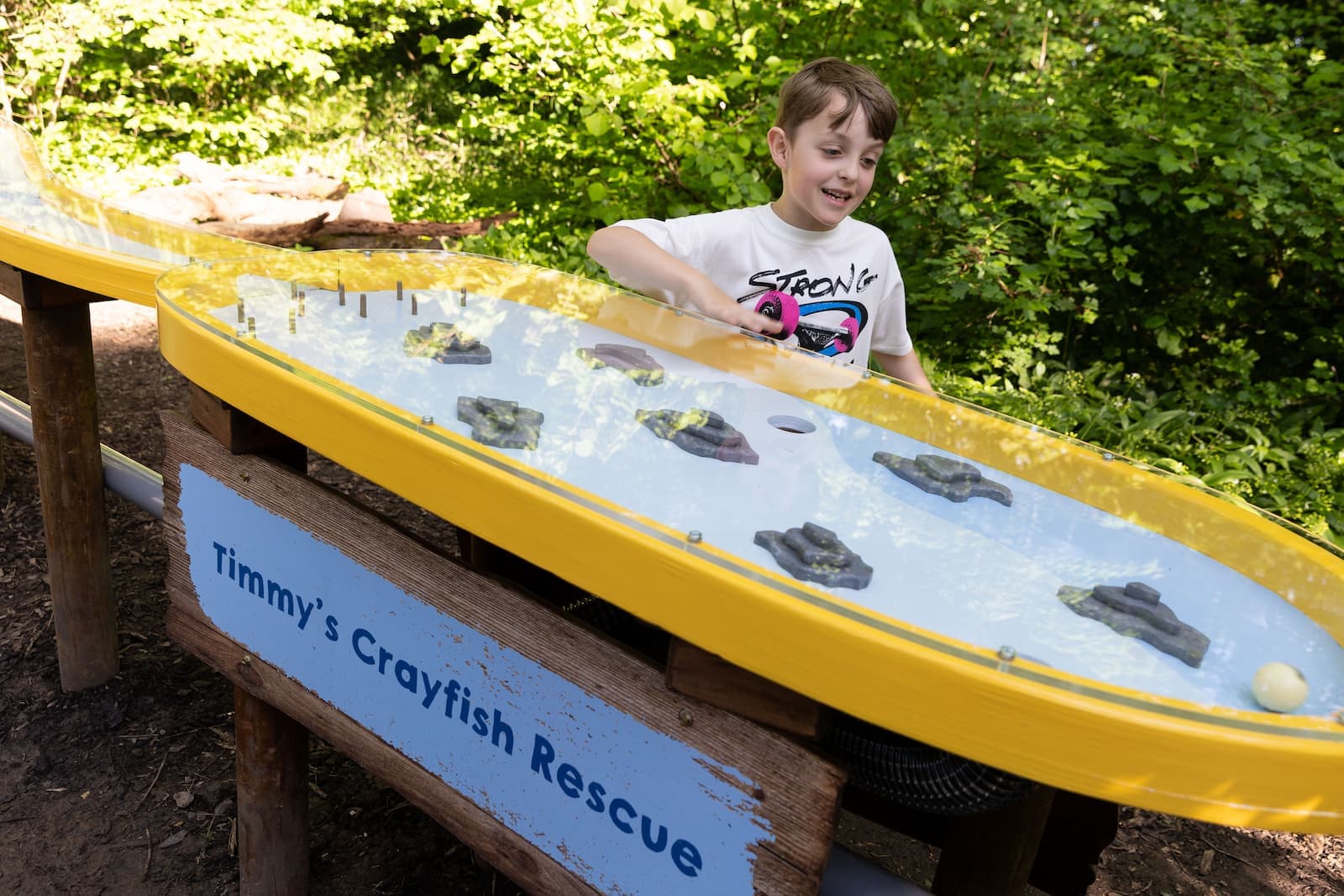 A child plays at "Timmy's Crayfish Rescue," a nature-inspired interactive exhibit with rocks and a flowing water course, surrounded by greenery.