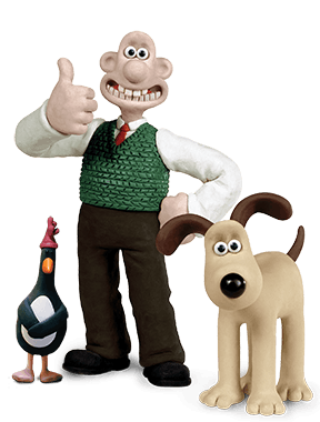 Clay figures of a man smiling with a thumbs-up, a dog, and a penguin. The man wears a green vest; the dog stands beside him.